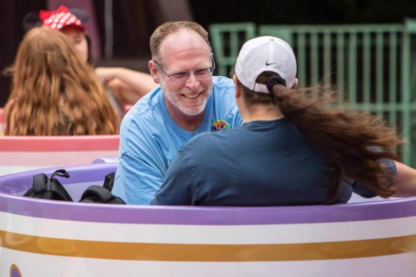 This photo courtesy of Disney shows Huntington Beach, California, resident Jeff Reitz enjoys a teacup ride at the Mad Tea Party in Fantasyland at Disneyland on June 22, 2017, during his 2,000th visit to the park in Anaheim, California. As one of the world's largest entertainment companies, Disney is used to adoring fans, but Reitz has topped them all, visiting its California theme park 2,000 days in a row. Reitz marked the milestone on June 22, using his Disneyland Resort annual pass which had enabled his trek to the park on a daily basis since January 1, 2012. 'What we mostly known about him is that he loves Disneyland,' said John McClintock, a spokesman for the theme park. / AFP PHOTO / © Disney 2017 - All Rights Reserved / Joshua SUDOCK / TO GO WITH AFP STORY, US-Disneyland-offbeat = RESTRICTED TO EDITORIAL USE - MANDATORY CREDIT 'AFP PHOTO / Disney / Joshua SUDOCK' - NO MARKETING NO ADVERTISING CAMPAIGNS - DISTRIBUTED AS A SERVICE TO CLIENTS