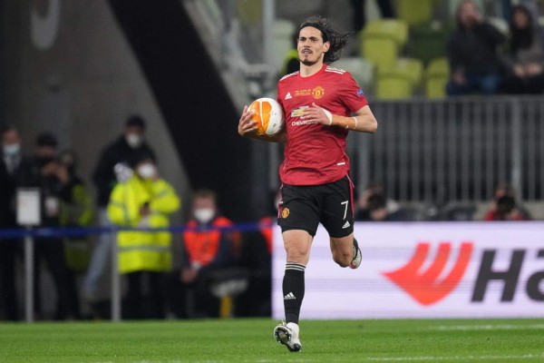 Manchester United's Uruguayan striker Edinson Cavani celebrates after scoring a goal during the UEFA Europa League final football match between Villarreal CF and Manchester United at the Gdansk Stadium in Gdansk on May 26, 2021. (Photo by Michael Sohn / POOL / AFP)