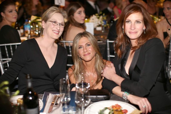 LOS ANGELES, CA - JANUARY 25: (L-R) Actresses Meryl Streep, Jennifer Aniston, and Julia Roberts attend TNT's 21st Annual Screen Actors Guild Awards at The Shrine Auditorium on January 25, 2015 in Los Angeles, California. 25184_013 (Photo by Christopher Polk/WireImage)