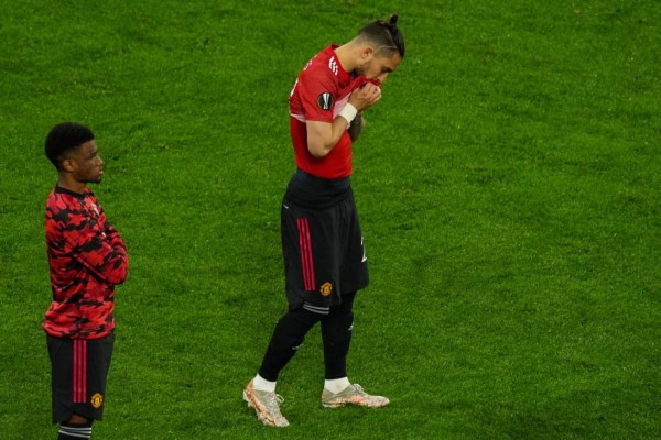 Manchester United's Brazilian defender Alex Telles reacts at the end of the 2021 UEFA Europa League football final between Spain's Villarreal and England's Manchester United at the Gdansk Stadium in the Polish city of Gdansk on May 26, 2021. (Photo by ALEKSANDRA SZMIGIEL / POOL / AFP)