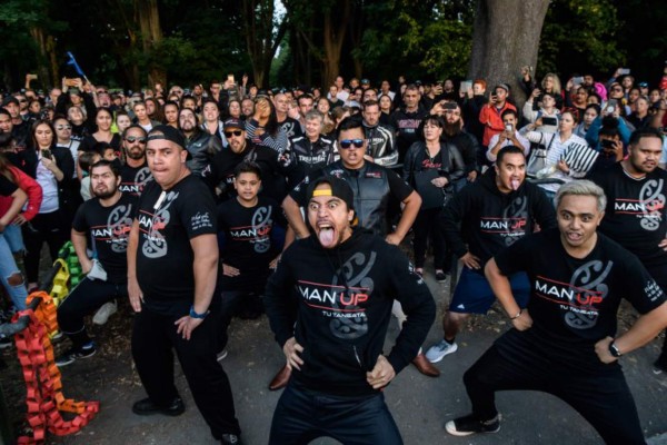 Members of different biker gangs perform the haka as a tribute to victims in Christchurch on March 20, 2019, five days after the twin mosque shootings. (Photo by Anthony WALLACE / AFP)