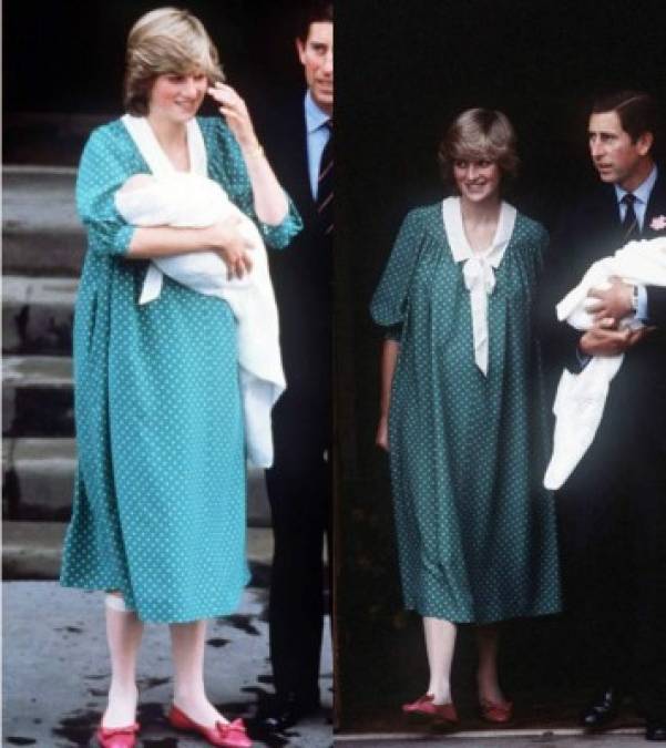Cuando dio a luz al Príncipe Guillermo en 1982, Diana dejó el Ala Lindo con un vestido de lunares turquesa con un borde blanco en el cuello.<br/>