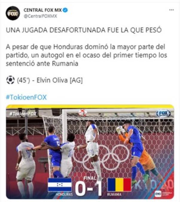 Central de Fox Sports México - “Una jugada desafortunada fue lo que pesó. A pesar de que Honduras dominó la mayor parte del partido, un autogol en el ocaso del primer tiempo los sentenció ante Rumania”.