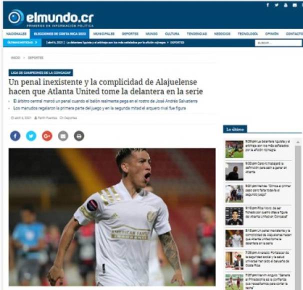 ElMundo.CR - “Un penal inexistente y la complicidad de Alajuelense hacen que Atlanta United tome la delantera en la serie“. “El árbitro central marcó un penal cuando el balón realmente pega en el rostro de José Andrés Salvatierra“.