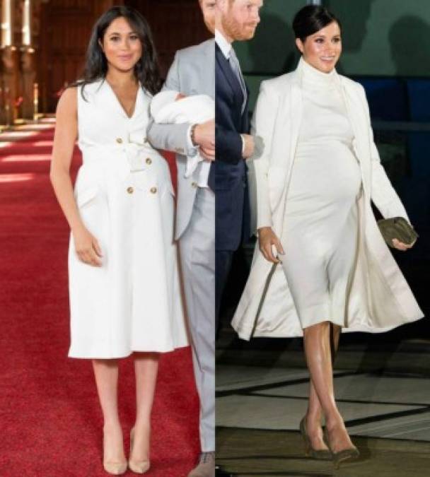 La radiante Meghan, de 37 años, se vistió con un elegante blazer con cinturón blanco de la diseñadora británica Grace Wales Bonner, para presentar junto a su esposo Harry, de 34 años, a su primer hijo en una sesión fotográfica en St George's Hall en Windsor, donde se celebran banquetes estatales en Windsor.<br/><br/>