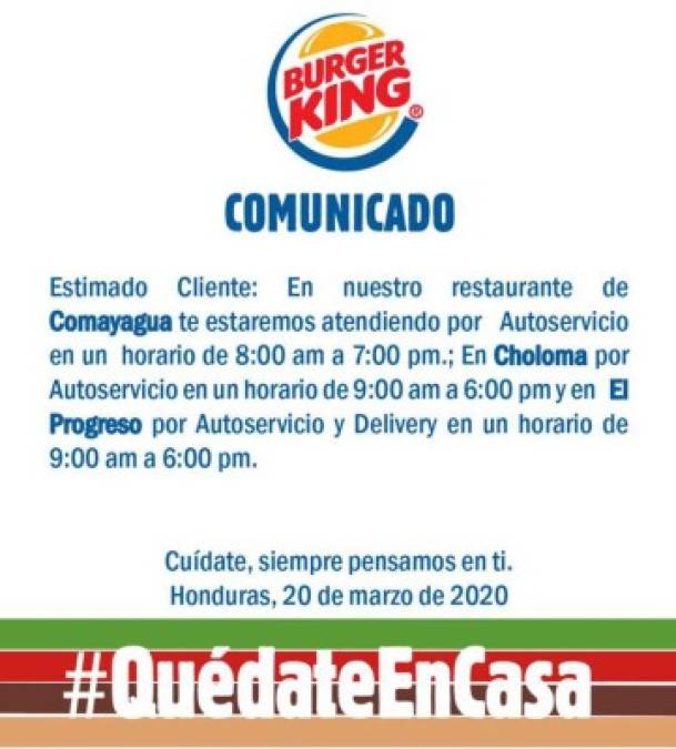 Burger King está atendiendo en autoservicio en las ciudades de Comayagua, Choloma y El Progreso.