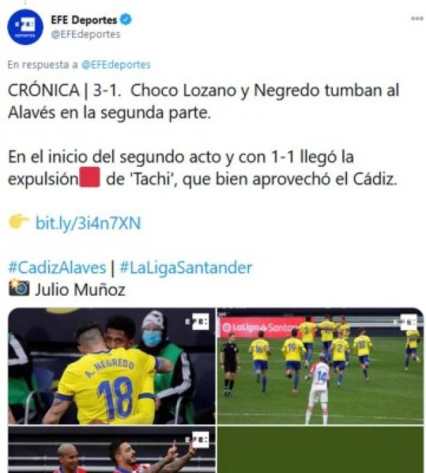 Agencia internacional EFE: 'Choco Lozano y negredo tumban al Alavés en la segunda parte'.