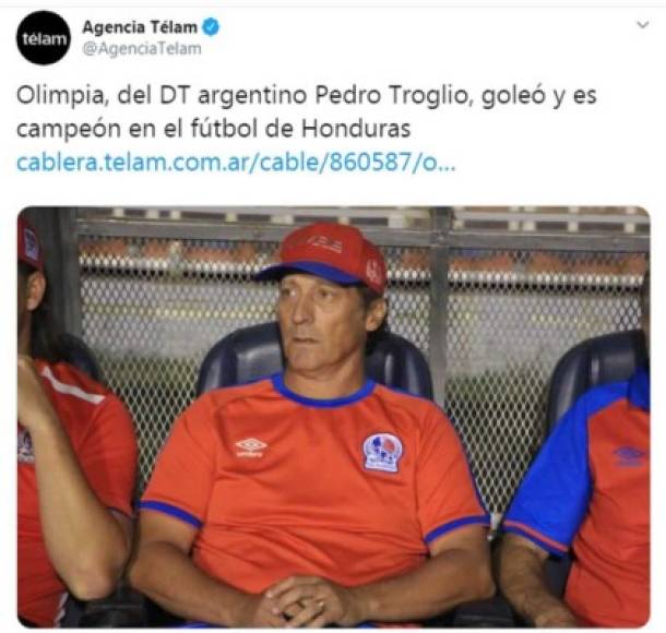Agencia Télam de Argentina - 'Olimpia, del DT argentino Pedro Troglio, goleó y es campeón en el fútbol de Honduras'.