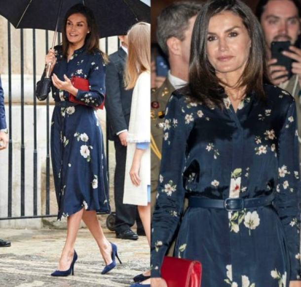 La Reina lució un vestido midi azul marino, de la colección otoño-invierno 2018 de Massimo Dutti, en el que destacaba un delicado estampado de flores blancas y un cinturón. <br/><br/>Un cambio radical comparado con los looks más casuales con los que había acudido en años anteriores.