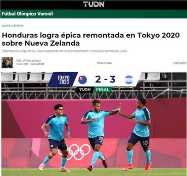 TUDN (México) - “Honduras logra épica remontada en Tokyo 2020 sobre Nueva Zelanda”.