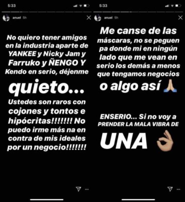 Anuel fue señalado por unos comentarios que hizo en Stories de Instagram para tildar de 'hipócritas, tontos y raros de co**nes' a la gran mayoría de sus compañeros de la escena musical urbana. 'No puedo irme na más en contra de mis ideales por un negocio (sic)', afirmó claramente enfadado.