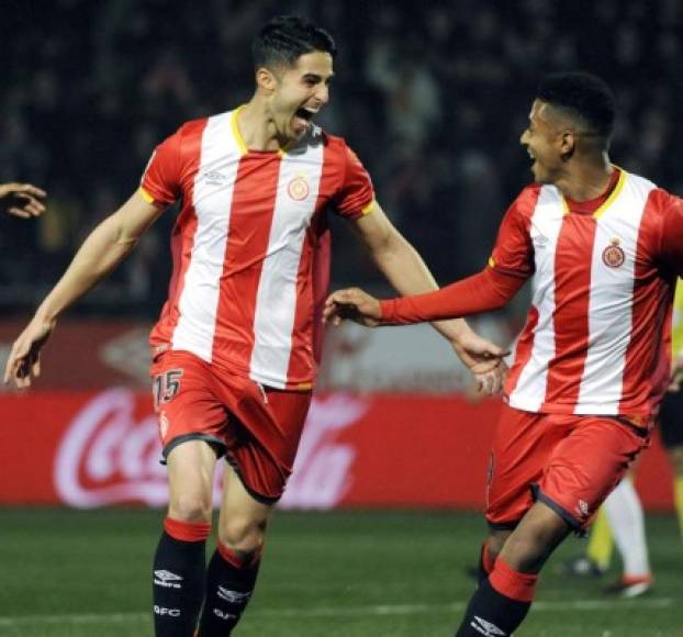 Antony 'Choco' Lozano celebrando junto a Juanpe Ramírez, anotador del tercer gol del Girona ante Leganés.