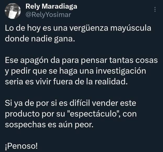 Periodistas y diferentes personalidad se expresaron sobre lo ocurrido en el UPN vs Olimpia. Rely Maradiaga dejó su mensaje en su cuenta oficial de X (Antes Twitter).