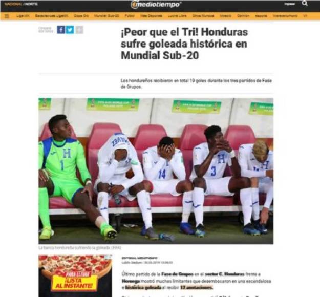 Medio Tiempo de México: '¡Peor que el Tri! Honduras sufre goleada histórica en Mundial Sub-20'. 'Los hondureños recibieron en total 19 goles durante los tres partidos de Fase de Grupos'.