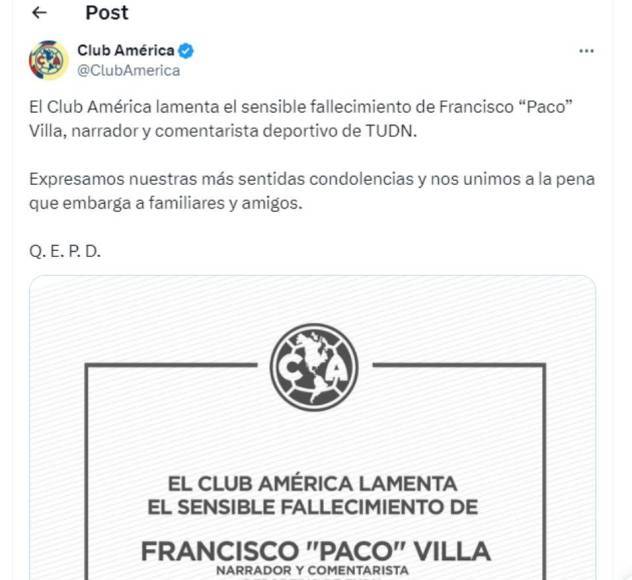 El América de México emitió un comunicado en donde lamentó la muerte de Paco Villa.