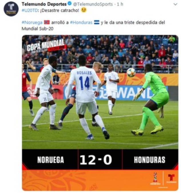 Telemundo Deportes: '¡Desastre catracho!'. 'Noruega arrolló a #Honduras y le da una triste despedida del Mundial Sub-20'.