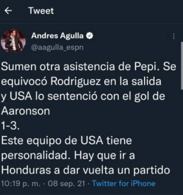 Andrés Agulla, el periodista argentino que labora en ESPN, estuvo pendiente del juego y lo demostró en sus redes sociales.