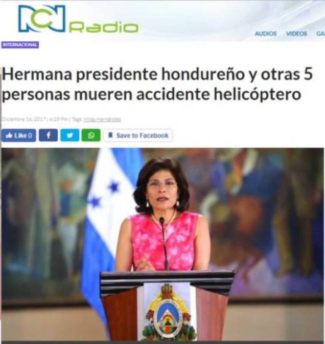 RCN Radio de Colombia: 'Hermana presidente hondureño y otras 5 personas mueren accidente helicóptero'.