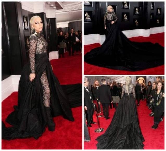 Lady Gaga hizo una entrada triunfal usando un vestido negro con una enorme falda de Armani Privé.