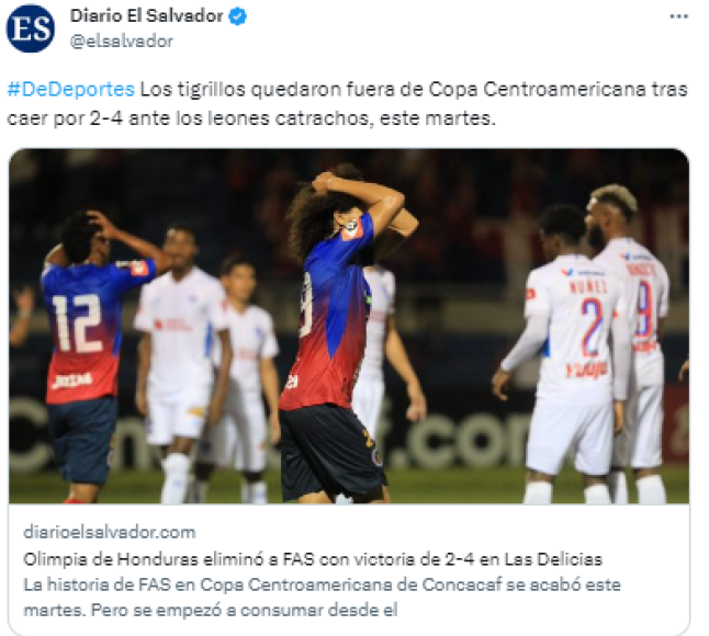 Diario El Salvador: “Los tigrillos quedaron fuera de Copa Centroamericana tras caer por 2-4 ante los leones catrachos, este martes”. 