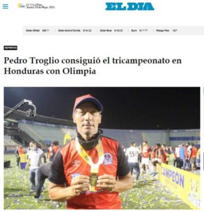 El diario Hoy de Argentina - “El Olimpia de Troglio es el nuevo campeón de Honduras”.