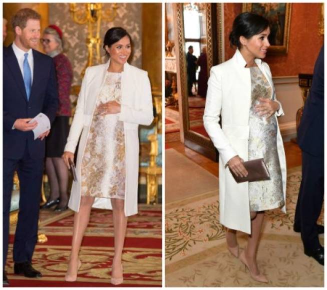 5 DE MARZO DE 2019<br/><br/>Para el 50 aniversario de Investidura del príncipe Carlos, Meghan Markle llegó con un vestido de brocado metálico junto a un abrigo color crema de Amanda Wakely, que ha usado varias veces en el pasado, un clutch bronce y tacones en color nude.