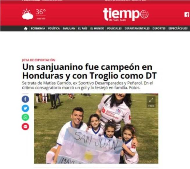 Tiempo de San Juan de Argentina - 'Un sanjuanino fue campeón en Honduras y con Troglio como DT'. 'Se trata de Matías Garrido, ex Sportivo Desamparados y Peñarol. En el último consagratorio marcó un gol y lo festejó en familia'.