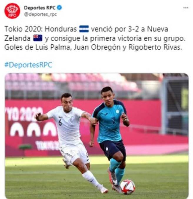 Deportes RPC (Panamá) - “Tokio 2020: Honduras venció por 3-2 a Nueva Zelanda y consigue la primera victoria en su grupo. Goles de Luis Palma, Juan Obregón y Rigoberto Rivas“.