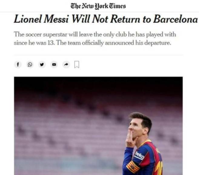 The New York Times (Estados Unidos) - “Lionel Messi no volverá al Barcelona”.