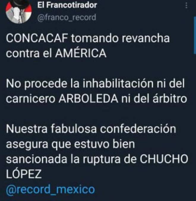 El Francotirador: El polémico columnista del diario Récord de México señaló que Concacaf tomó revancha contra el América y catalogó a Yustin Arboleda de 'carnicero'.
