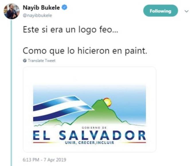 Bukele, que además es empresario, propietario de la distribuidora de motocicletas Yamaha y con negocios en servicios de publicidad, también alborotó las redes sociales el pasado domingo al criticar el logo del Gobierno saliente.