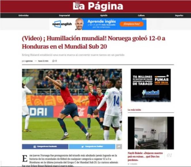 La Página de El Salvador: '¡Humillación mundial! Noruega goleó 12-0 a Honduras en el Mundial Sub 20'.