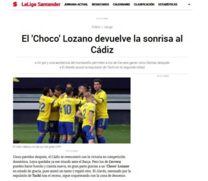 Diario Sport de España señala que el hondureño le devuelve la sonrisa al Cádiz.