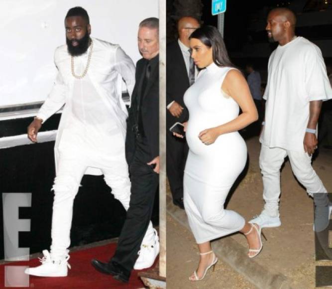Kim Kardashian, Kanye West y James Harden asistieron a la fiesta luciendo sus mejores atuendos en blanco y no dejaron pasar la ocasión sin compartir con sus fans en las redes sociales lo bien que la estaban pasando.