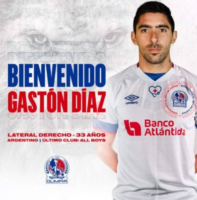 El tricampeón Olimpia hizo oficial el fichaje del lateral argentino Gastón Díaz. El defensor cuenta con 33 años de edad y llega procedente del All Boys de la segunda división del fútbol de Argentina.