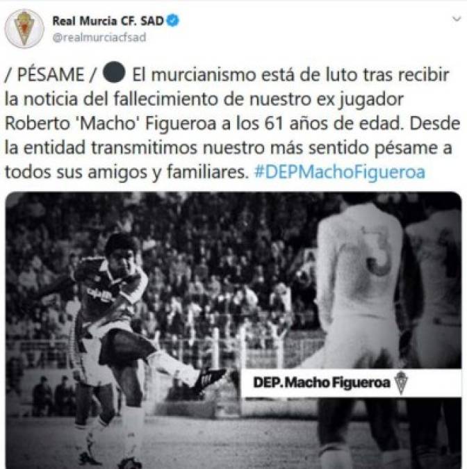 El Real Murcia ha lamentado la muerte de su exjugador Roberto 'El Macho' Figueroa. En dicho club es considerado ídolo y ha repasado con video varios de sus goles.