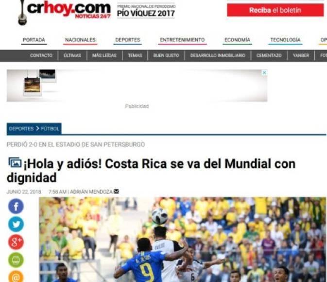 Así despide a su selección, el sitio Crhoy.com.