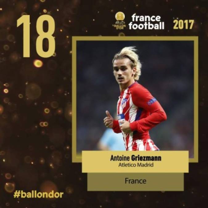 El francés Antoine Griezmann, del Atlético de Madrid, en el puesto 18.<br/>