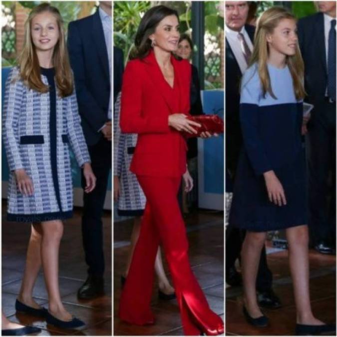 El vestido de Leonor iba a juego con el de Sofía, aunque es de estilo muy distinto. El diseño de la infanta es de dos tonos, ambos en azul, con la parte superior en celeste mientras que el resto en azul marino. Ambas llevaron zapatillas similares de la firma Eli. Mientras su madre, la reina Letizia de Borbón, destacó en un traje rojo.