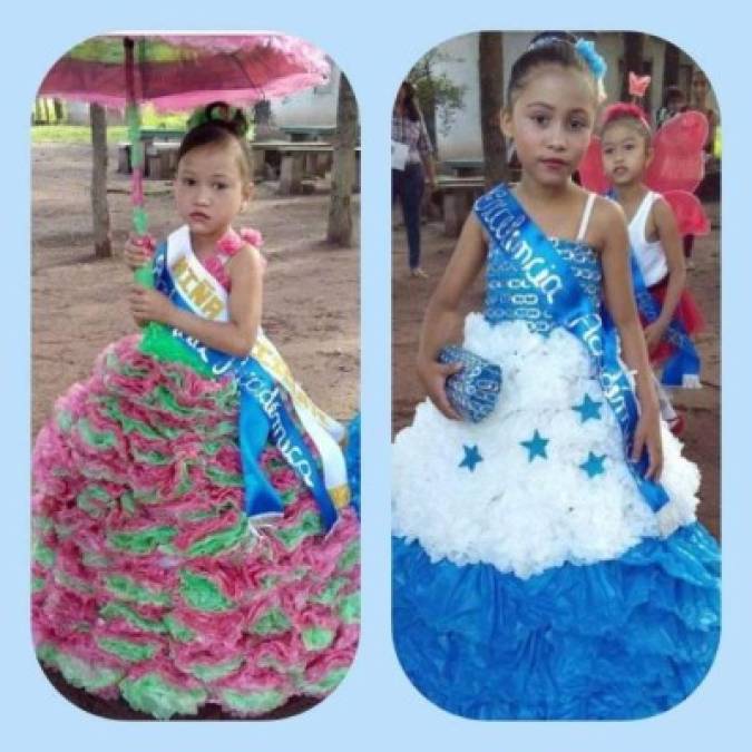 Alondra Sarahi Guzmán y Evelin Gabriela Guzmán desfilando en trajes de reciclaje en Comayagua en representación de la escuela Antonio José Rivas.