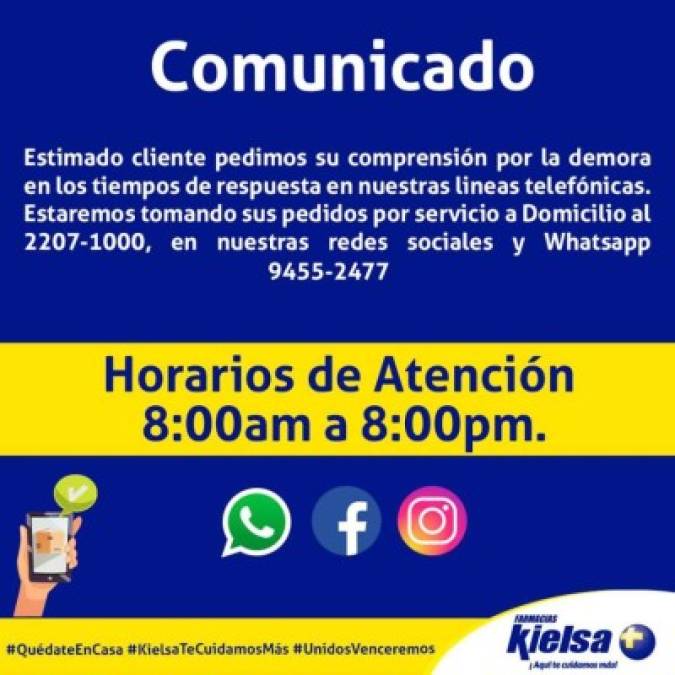 Farmacia Kielsa le atiende a domicilio en horario de 8:00 am a 8:00 pm.