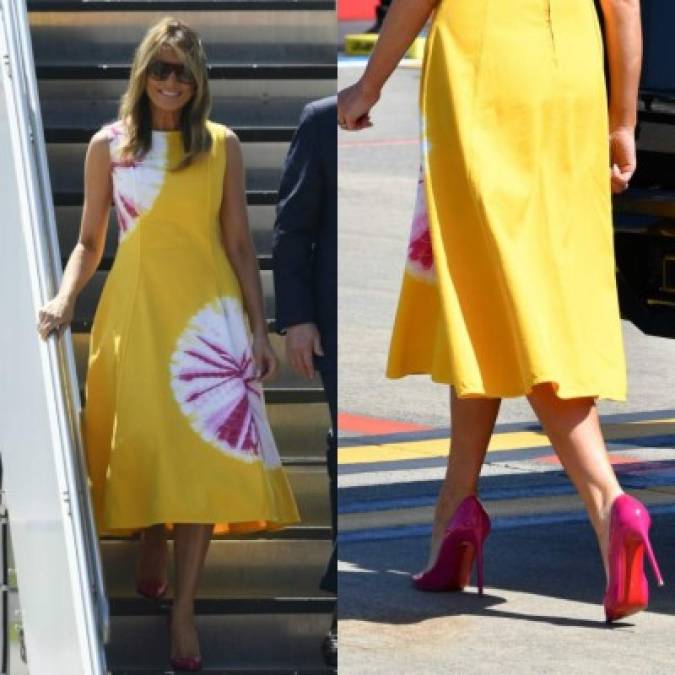 Melania Trump ha elegido un diseño de la firma Calvin Klein cuyo precio ronda los 470 euros.<br/><br/>La primera dama completó su look con zapatos fucsia de la firma Louboutin.