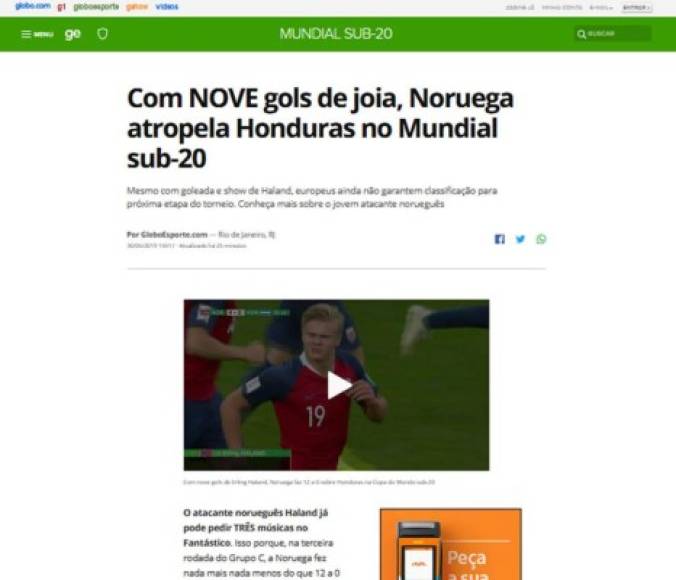 Globo Esporte de Brasil: 'Con nueve goles de joya, Noruega atropella a Honduras en el Mundial Sub-20'.