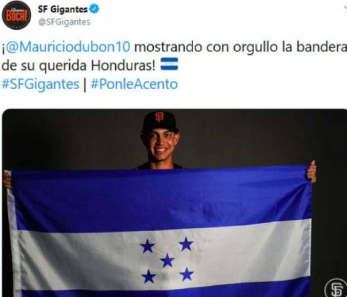 El equipo de los Gigantes de San Francisco de beísbol cuenta con el hondureño Mauricio Dubón y subió esta imagen del catracho y la bandera de Honduras.