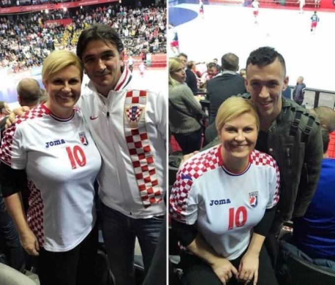La presidenta de Croacia es fanática del fútbol y fiel seguidora de la selección croata. En la imagen aparece con el entrenador de la selección croata Zlatko Dalić y con el delantero Ivan Perisic.