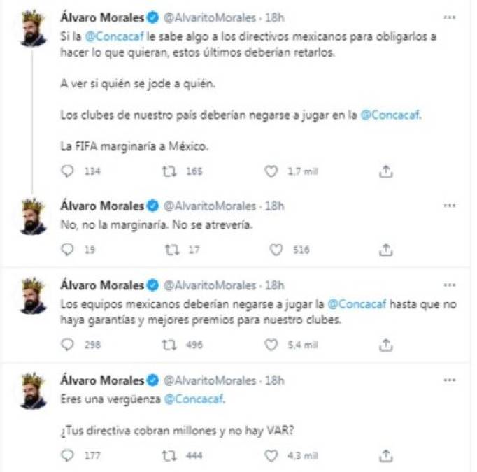 Álvaro Morales de ESPN - “Los equipos mexicanos deberían negarse a jugar la Concacaf hasta que no haya garantías y mejores premios para nuestro clubes”.