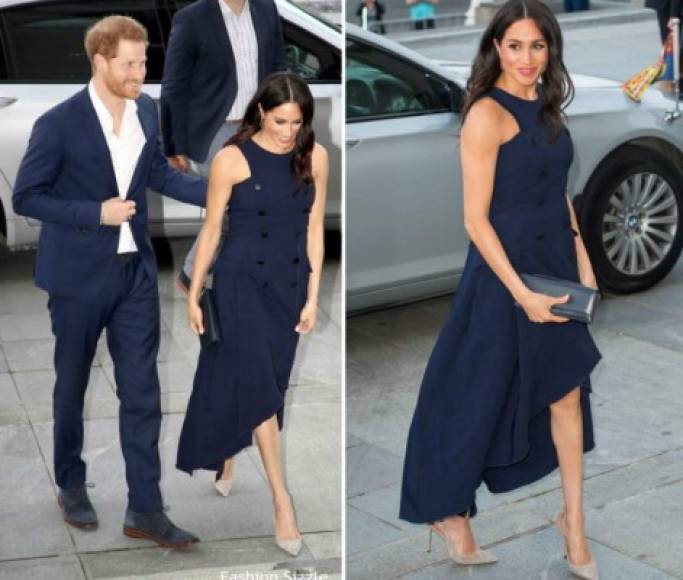 Octubre 30 de 2019<br/><br/>Para una elegante recepción, Meghan eligió un vestido azul marino de Antonio Berardi que combinó con zapatos de tacón de ante de Aquazzura.<br/><br/>