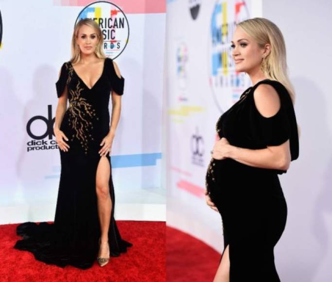 Carrie Underwood<br/><br/>La estrella del country estadounidense lució divina en un vestido negro de terciopelo que la hacía ver esbelta, su pancita se disimulaba tan bien que solo se notaba su estado cuando la miraban de perfil.<br/>