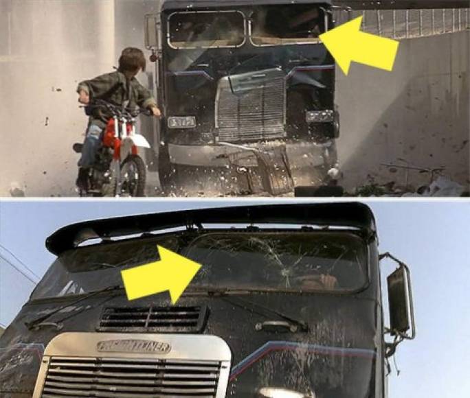 Terminator: El camión en el que anda T-1000 se había accidentado en un puente y los vidrios delanteros se habían hecho pedazos. En la siguiente escena podemos ver los parabrisas en su lugar.