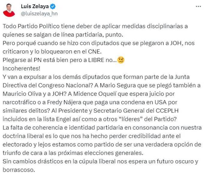 Zelaya atizó contra las máximas autoridades del PLH y avizoró un futuro oscuro si no hacen cambios drásticos en dicha entidad política. 
